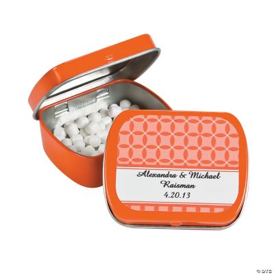 Personalized Orange Patterned Wedding Tins With Mints