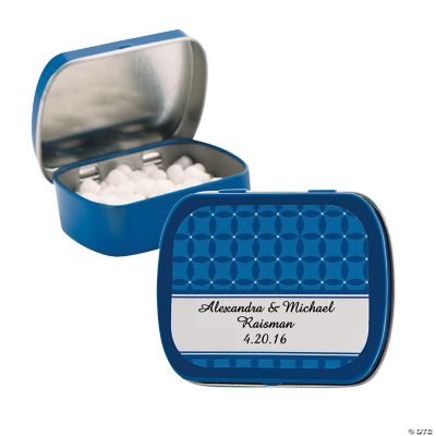 Personalized Blue Patterned Wedding Tins With Mints