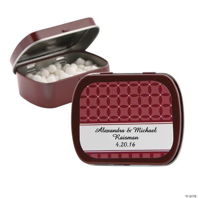 Personalized Burgundy Patterned Wedding Tins With Mints