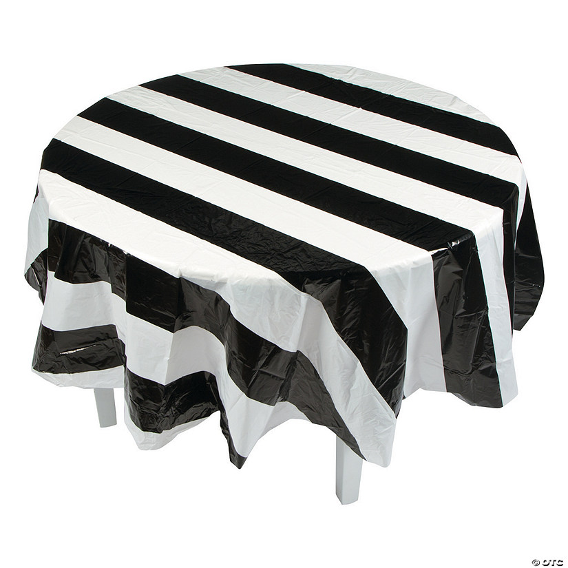 Black & White Stripe Round Plastic Tablecloth