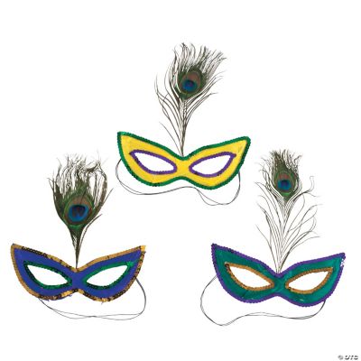 Mardi Gras Sequin Masks With Peacock Feather