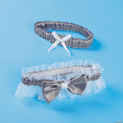 Silver Satin Garter With Bow Set