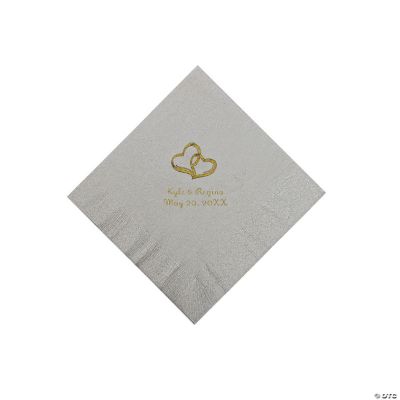 Personalized Gold Two Hearts Beverage Napkins - Silver