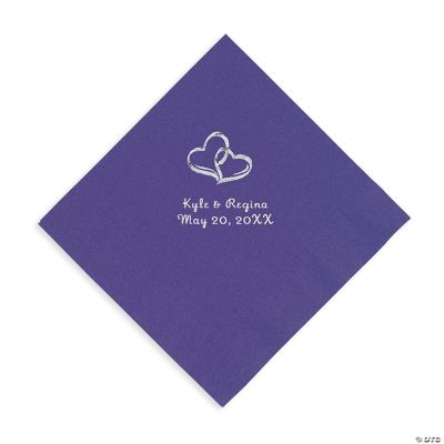 Personalized Silver Two Hearts Luncheon Napkins - Purple
