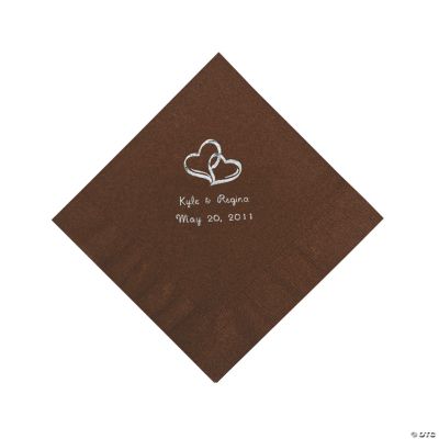 Personalized Silver Two Hearts Luncheon Napkins - Chocolate