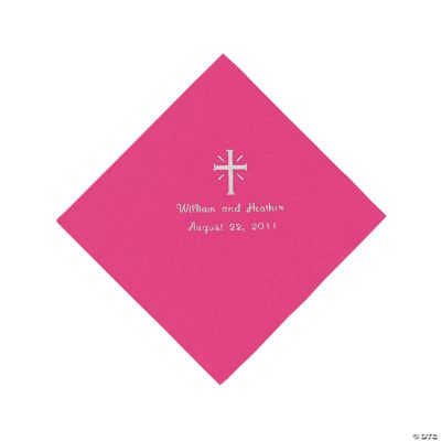 Personalized Silver Cross Luncheon Napkins - Hot Pink