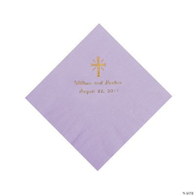 Personalized Gold Cross Beverage Napkins - Lilac