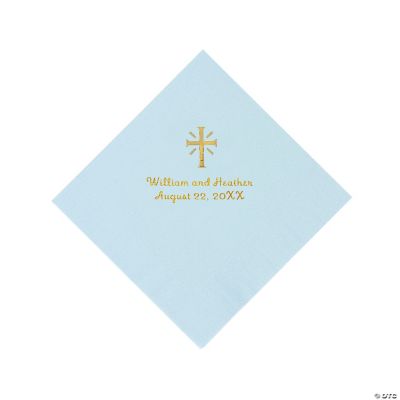 Personalized Gold Cross Beverage Napkins - Light Blue