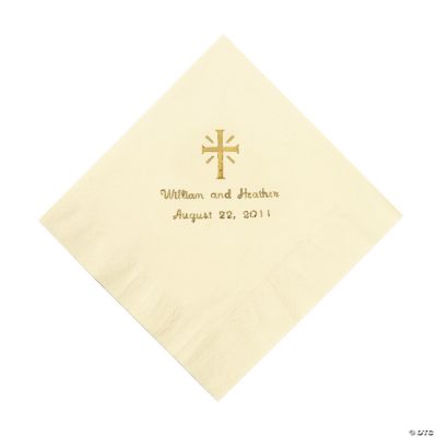 Personalized Gold Cross Beverage Napkins - Ivory