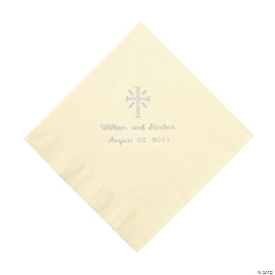 Personalized Silver Cross Beverage Napkins - Ivory