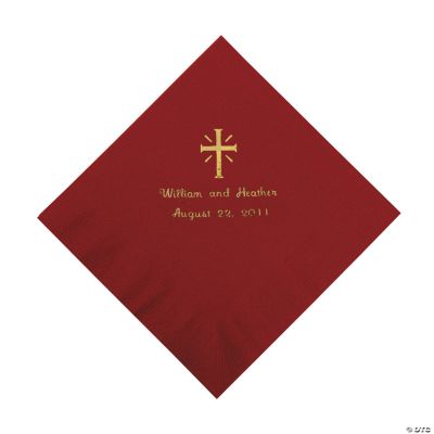 Personalized Gold Cross Beverage Napkins - Burgundy