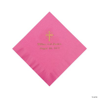Personalized Gold Cross Beverage Napkins - Candy Pink