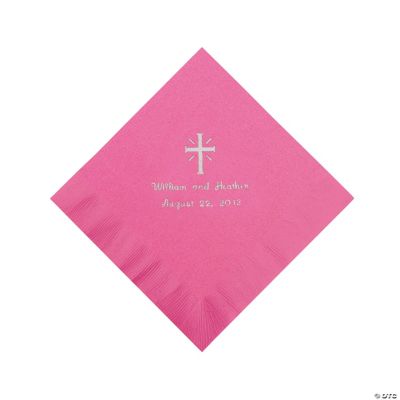 Personalized Silver Cross Beverage Napkins - Candy Pink