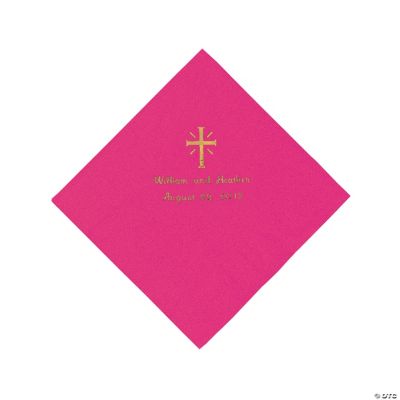 Personalized Gold Cross Beverage Napkins - Hot Pink