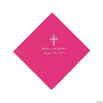 Personalized Silver Cross Beverage Napkins - Hot Pink