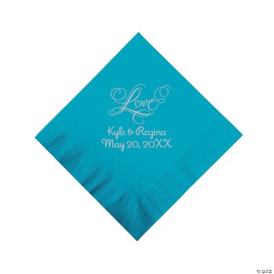 Personalized Silver “Love” Beverage Napkins - Turquoise