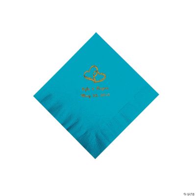 Personalized Gold Two Hearts Beverage Napkins - Turquoise