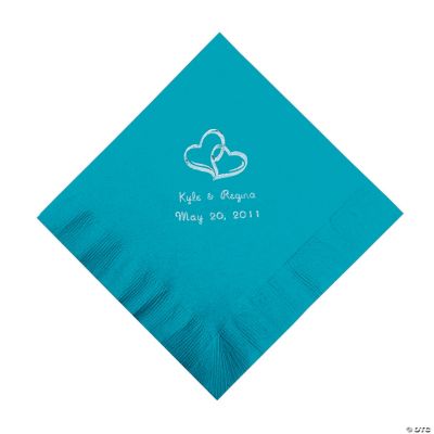 Personalized Silver Two Hearts Beverage Napkins - Turquoise
