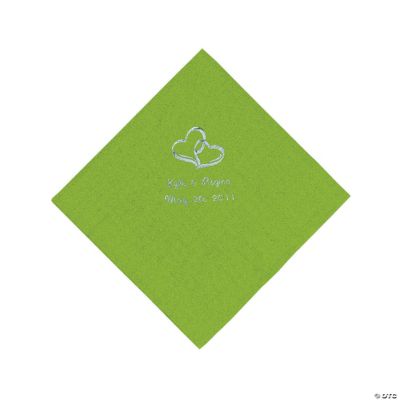 Personalized Silver Two Hearts Beverage Napkins - Lime Green