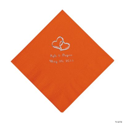 Personalized Silver Two Hearts Beverage Napkins - Orange