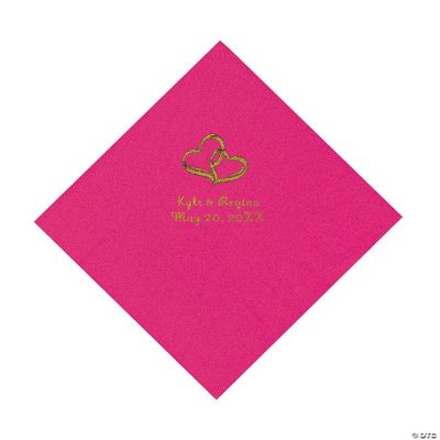 Personalized Gold Two Hearts Luncheon Napkins - Hot Pink