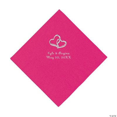 Personalized Silver Two Hearts Luncheon Napkins - Hot Pink