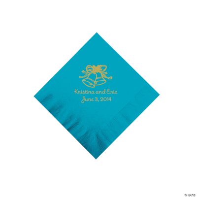 Personalized Gold Wedding Bell Beverage Napkins - Turquoise