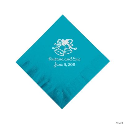 Personalized Silver Wedding Bell Beverage Napkins - Turquoise