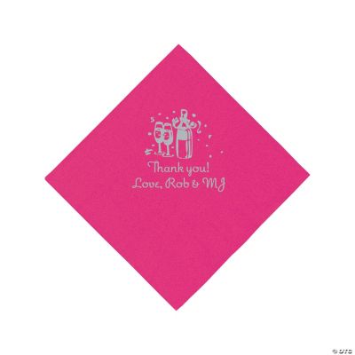 Personalized Silver Champagne Beverage Napkins - Hot Pink