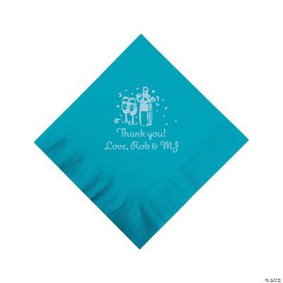 Personalized Silver Champagne Beverage Napkins - Turquoise