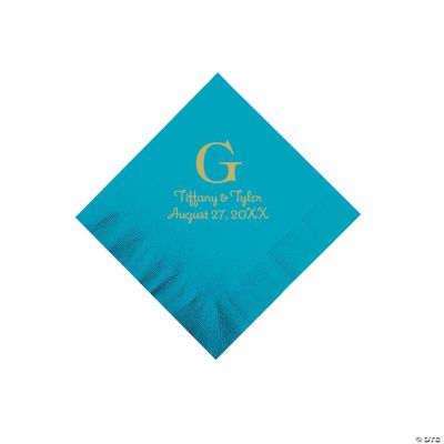 Personalized Gold Monogram Beverage Napkins - Turquoise