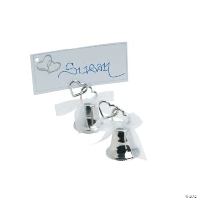 Silvertone Wedding Two Hearts Bell Place Card Holders