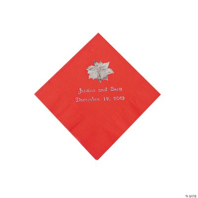 Red Personalized Poinsettia Beverage Napkins - Silver Print
