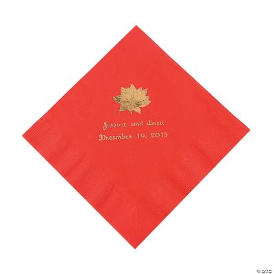Red Personalized Poinsettia Luncheon Napkins - Gold Print
