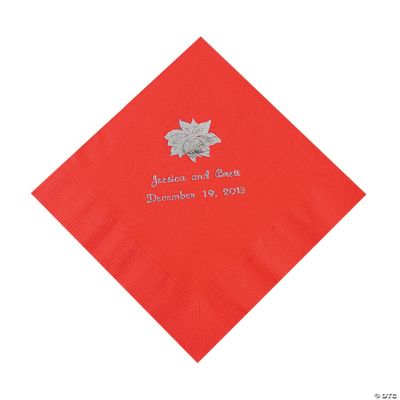 Red Personalized Poinsettia Luncheon Napkins - Silver Print