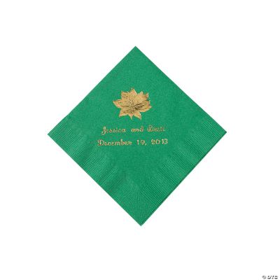 Green Personalized Poinsettia Beverage Napkins - Gold Print