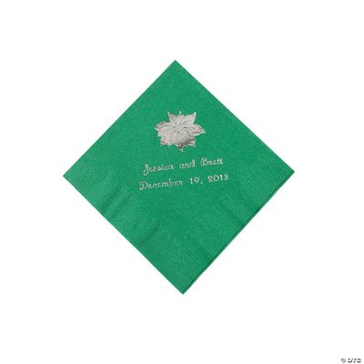 Green Personalized Poinsettia Beverage Napkins - Silver Print
