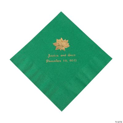 Green Personalized Poinsettia Luncheon Napkins - Gold Print