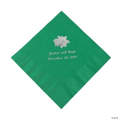 Green Personalized Poinsettia Luncheon Napkins - Silver Print