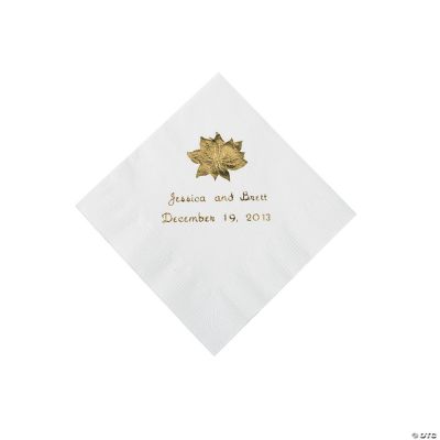 White Personalized Poinsettia Beverage Napkins - Gold Print