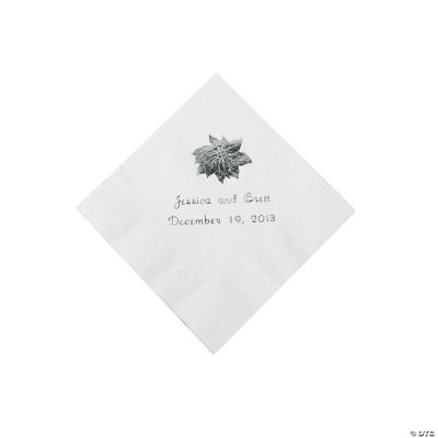 White Personalized Poinsettia Beverage Napkins - Silver Print