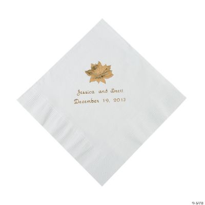 White Personalized Poinsettia Luncheon Napkins - Gold Print