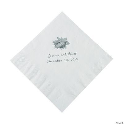 White Personalized Poinsettia Luncheon Napkins - Silver Print