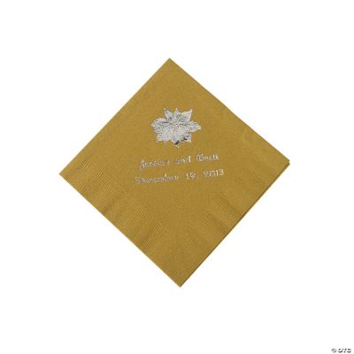 Gold Personalized Poinsettia Beverage Napkins - Silver Print