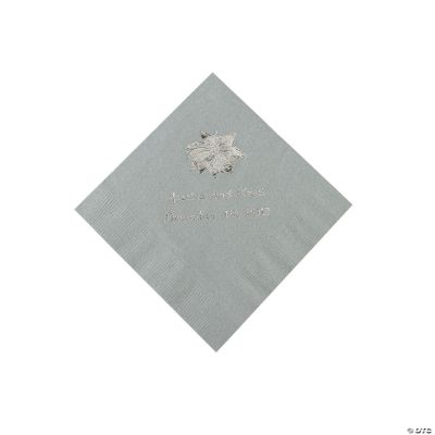 Silver Personalized Poinsettia Beverage Napkins - Silver Print