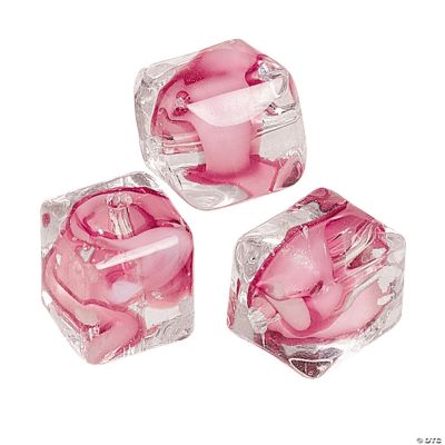 Pink Ribbon Cube Glass Beads - 10mm