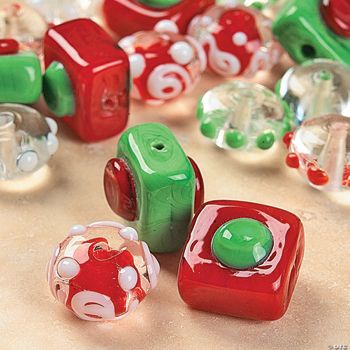Red, Green & White Lampwork Beads - 4mm-16mm