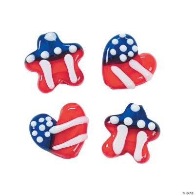 Red, White & Blue Heart & Star Lampwork Beads - 15mm - 17mm