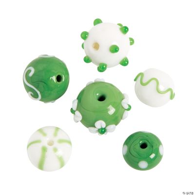 Green & White Lampwork Round Beads - 10mm x 15mm