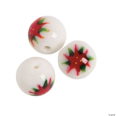 Poinsettia Painted Round Lampwork Beads - 15mm